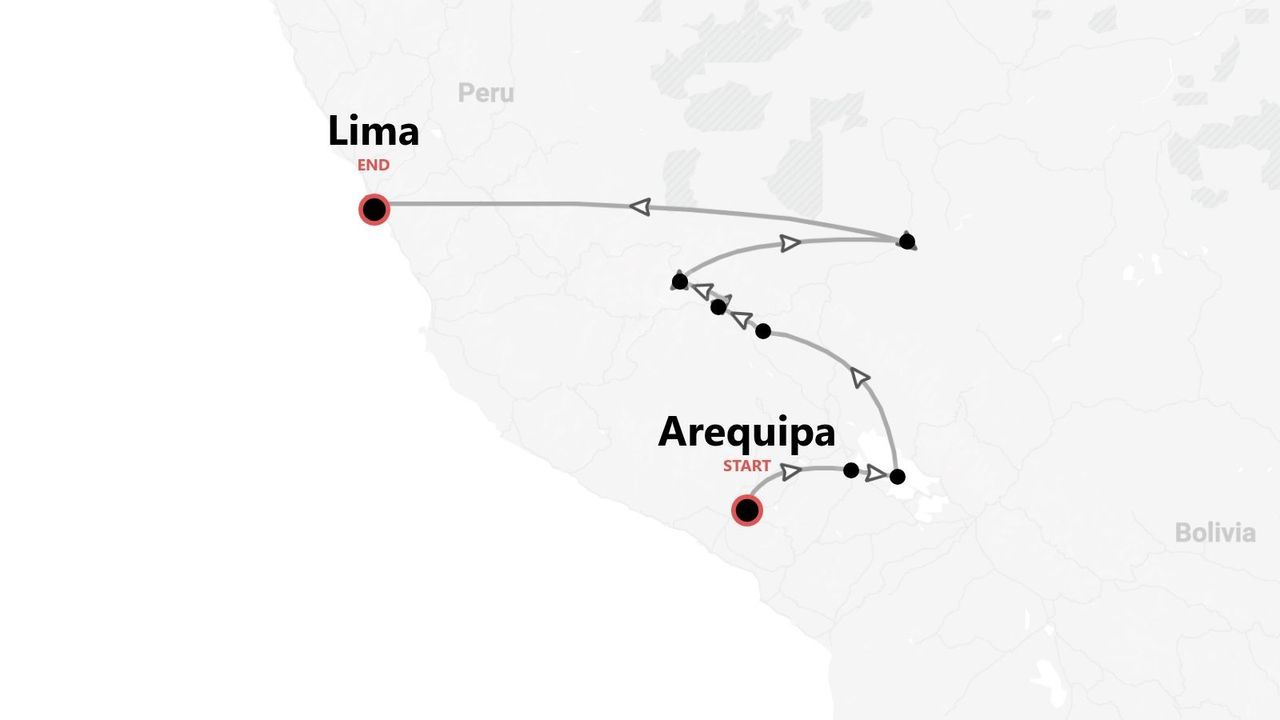 Mappa del Perù con itinerario di viaggio: partenza da Arequipa, arrivo a Lima.
