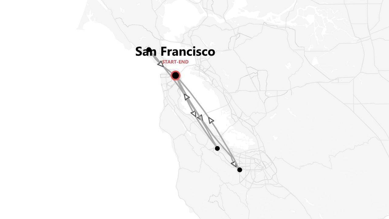 Una mappa stilizzata di un itinerario ad anello con varie tappe, con inizio e fine a San Francisco.