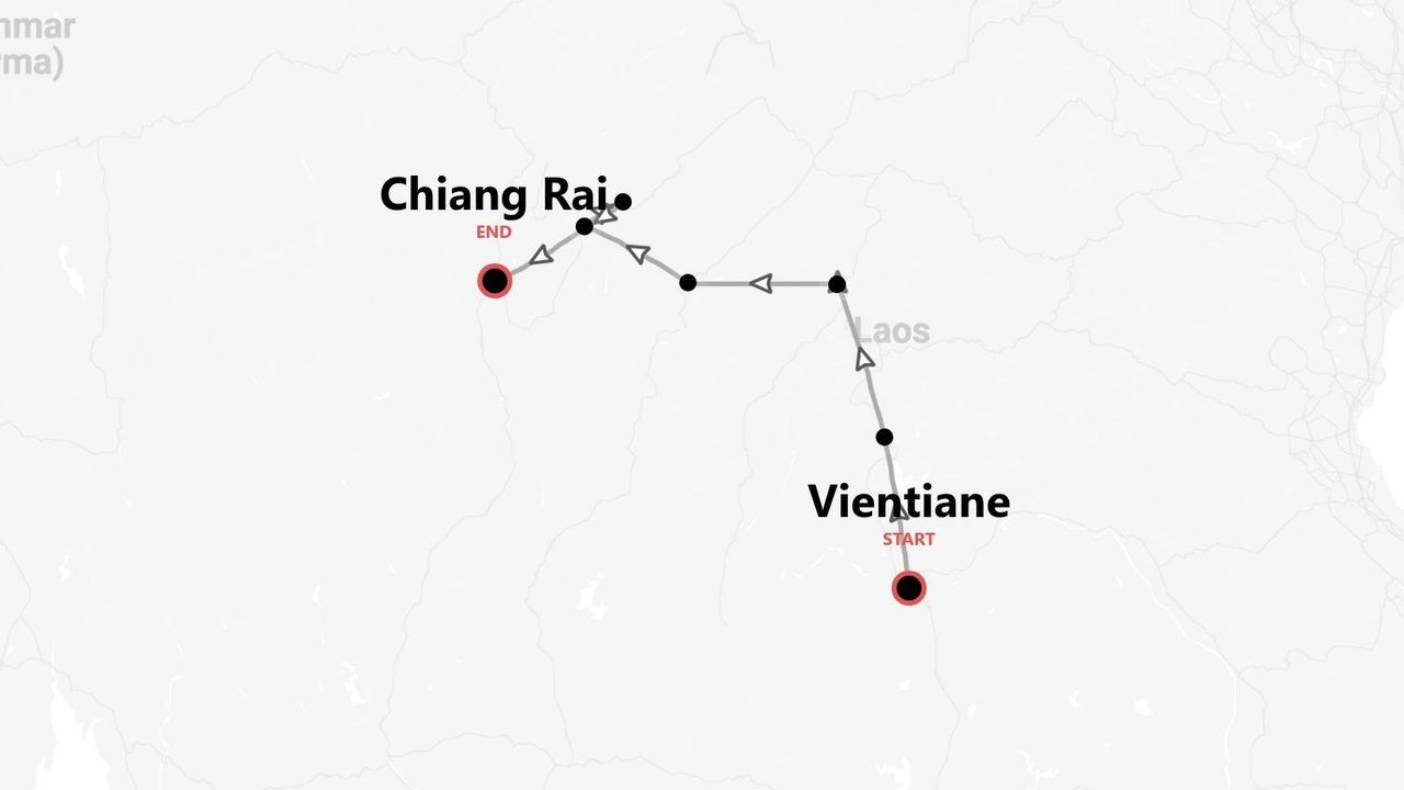 Mappa di un itinerario di viaggio da Vientiane, Laos a Chiang Rai.