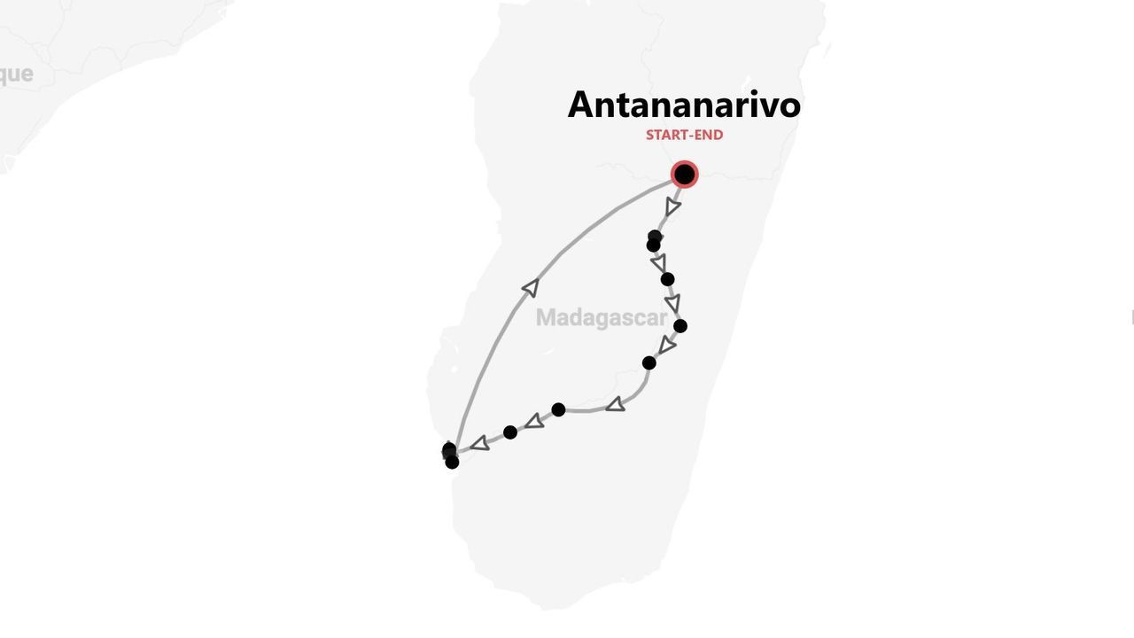 Eine Karte der Reiseroute für eine Madagaskar-Reise, die in Antananarivo beginnt und endet und die Insel umrundet.