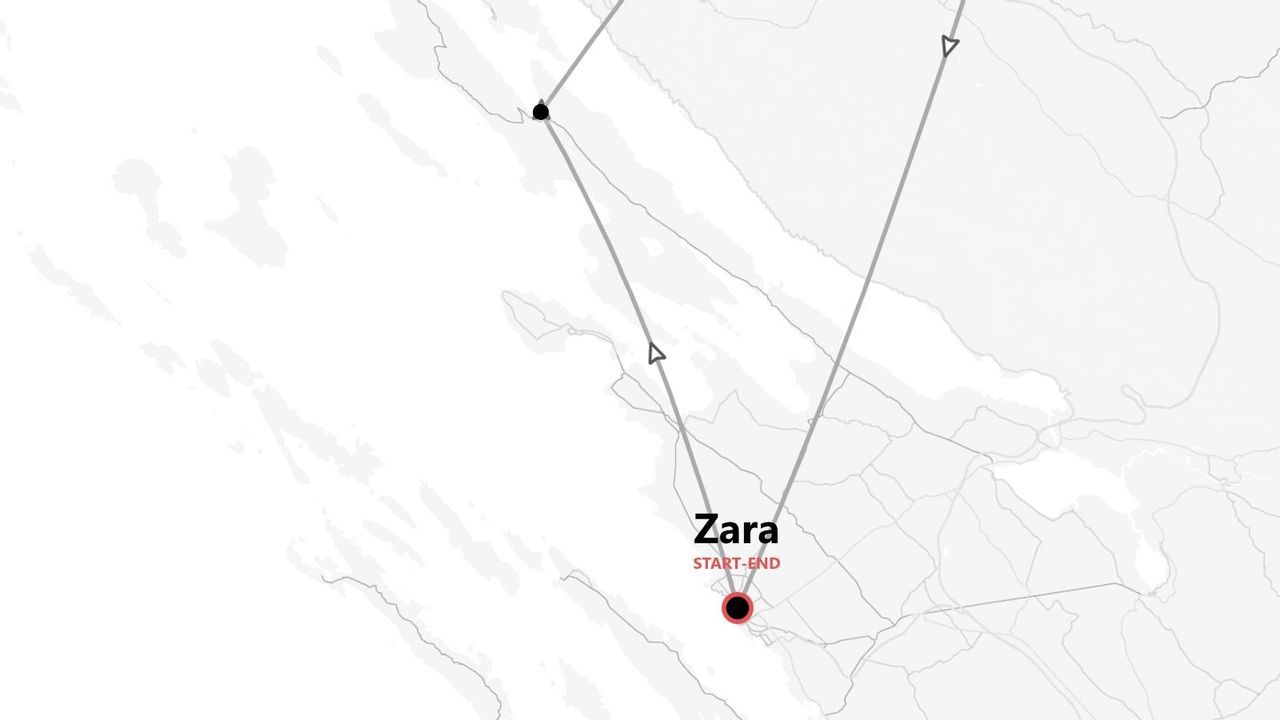 Una mappa in bianco e nero che mostra un itinerario di viaggio con un punto di inizio e fine segnati in rosso a Zara.