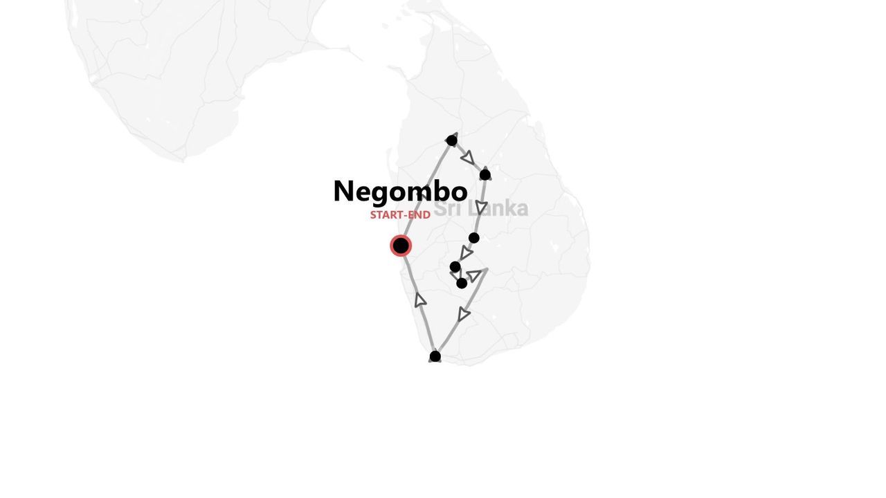 Eine minimalistische Karte mit einer Reiseroute für eine Sri Lanka-Tour, die in Negombo beginnt und endet.
