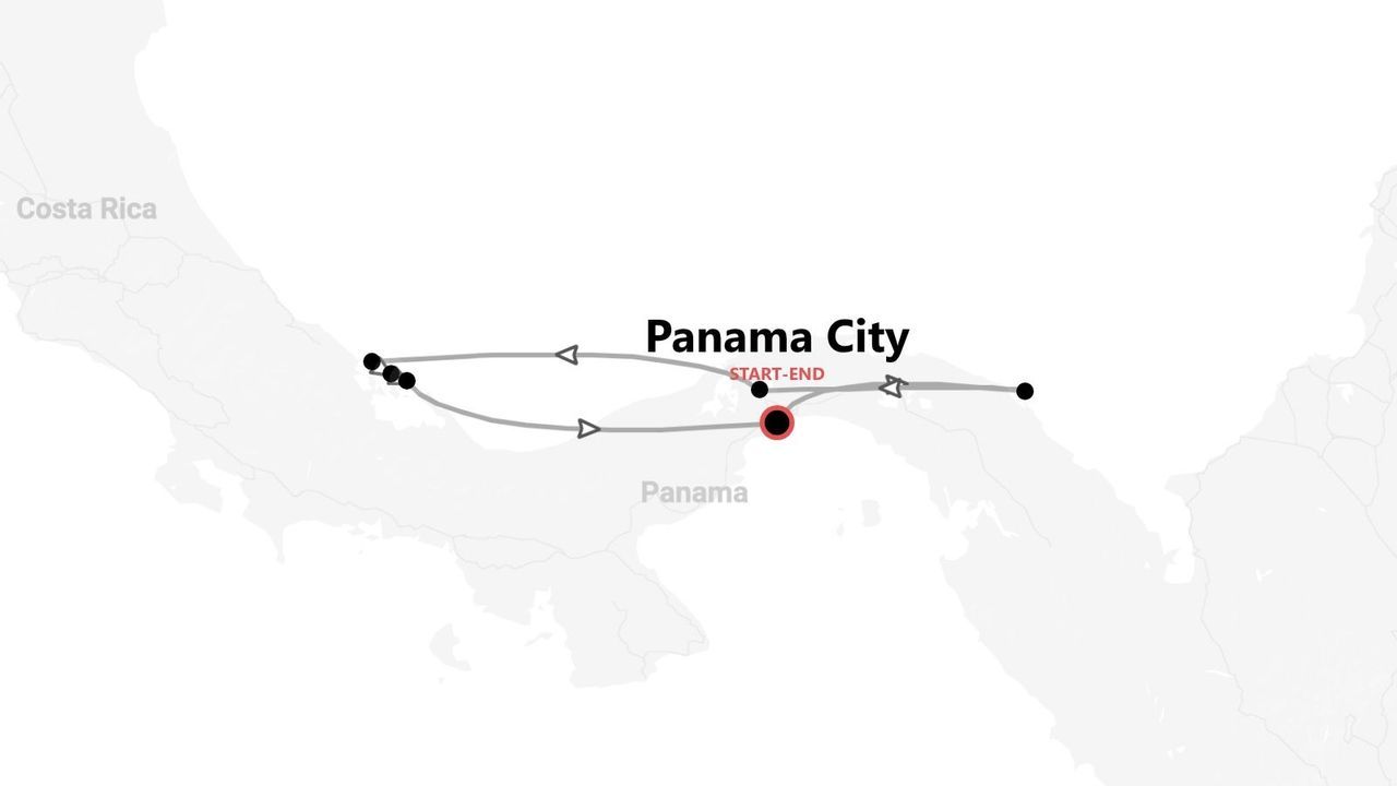 A map showing a travel itinerary for a trip through Panama, starting and ending in Panama City.
