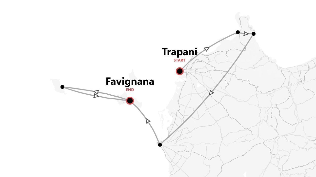 A map showing a travel itinerary starting in Trapani and ending in Favignana.