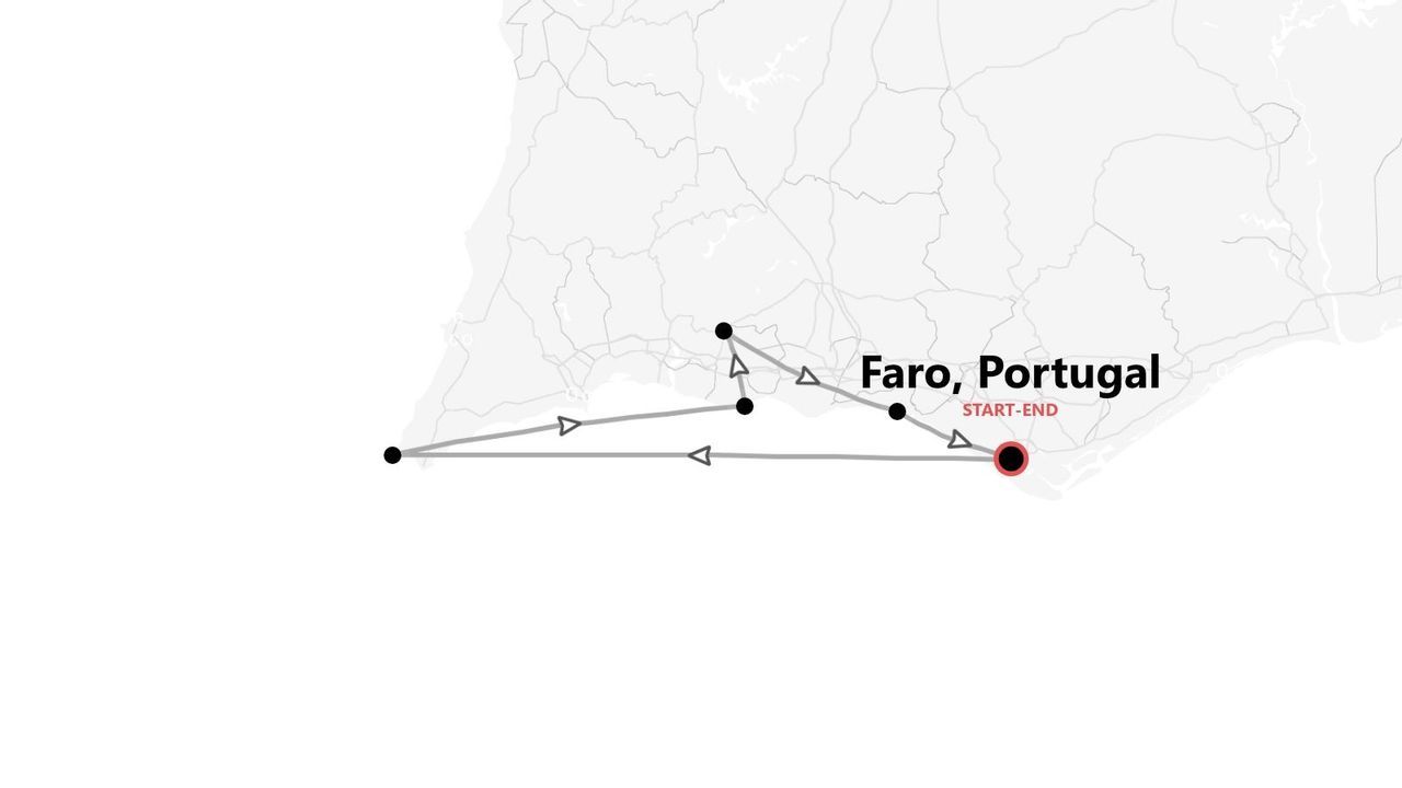 A map showing a tour itinerary that starts and ends in Faro, Portugal, tracing a loop along the southern coast.