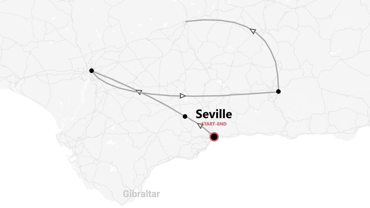 A map showing a circular travel route in southern Spain, starting on the coast and passing through Seville.