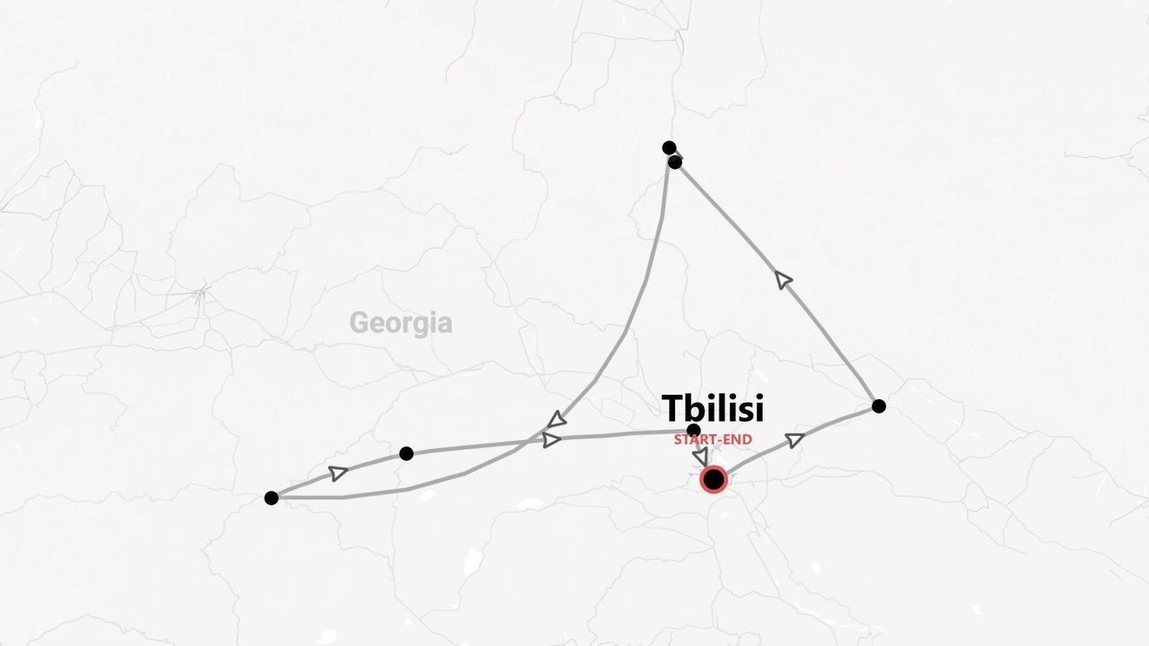 A map of Georgia showing a travel route that starts and ends in the city of Tbilisi, marked with a line and waypoints.