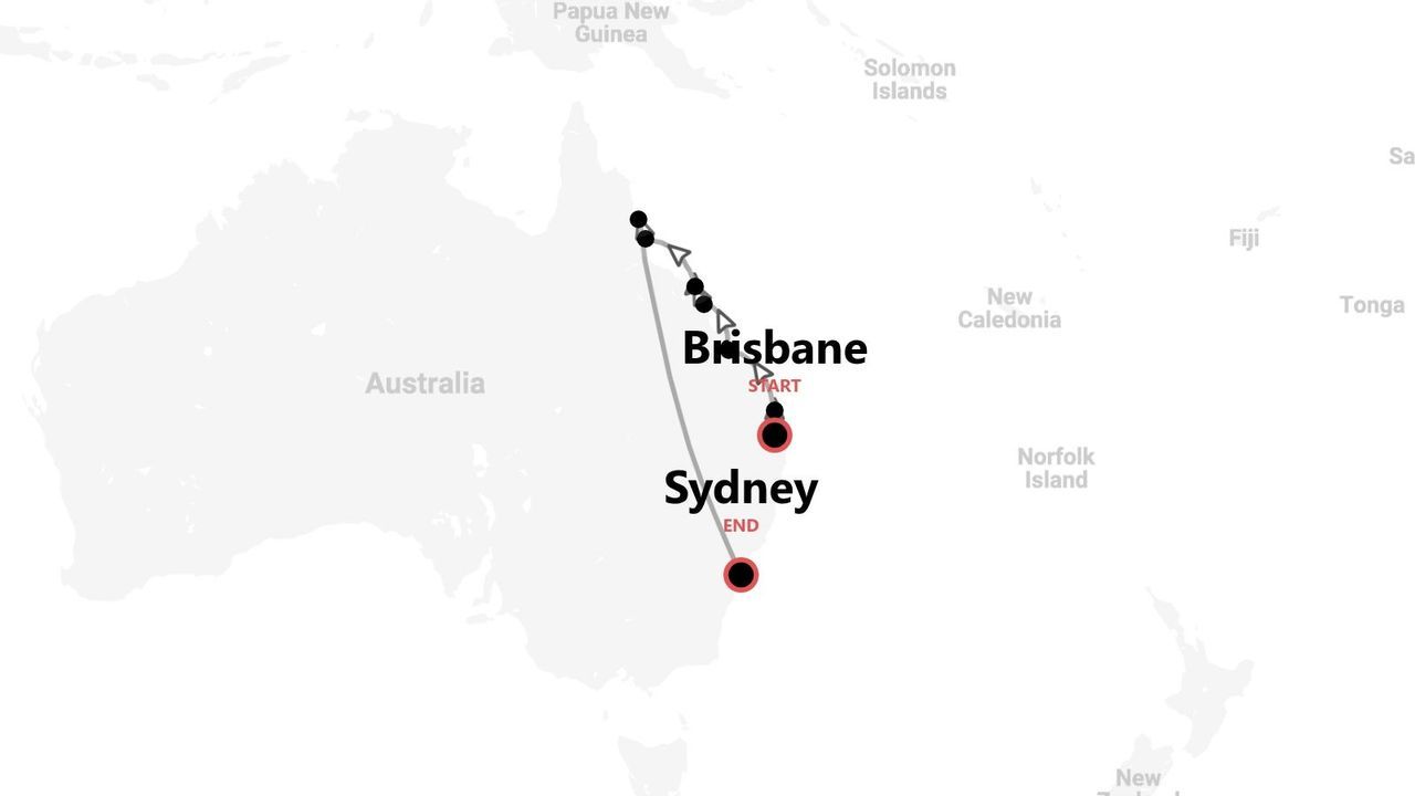 A map of a travel route on the east coast of Australia, starting in Brisbane and ending in Sydney.
