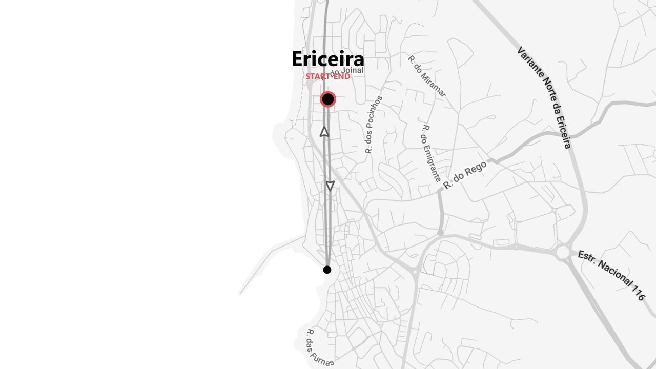 A simplified grayscale map showing a route through the town of Ericeira, with a highlighted start and end point.