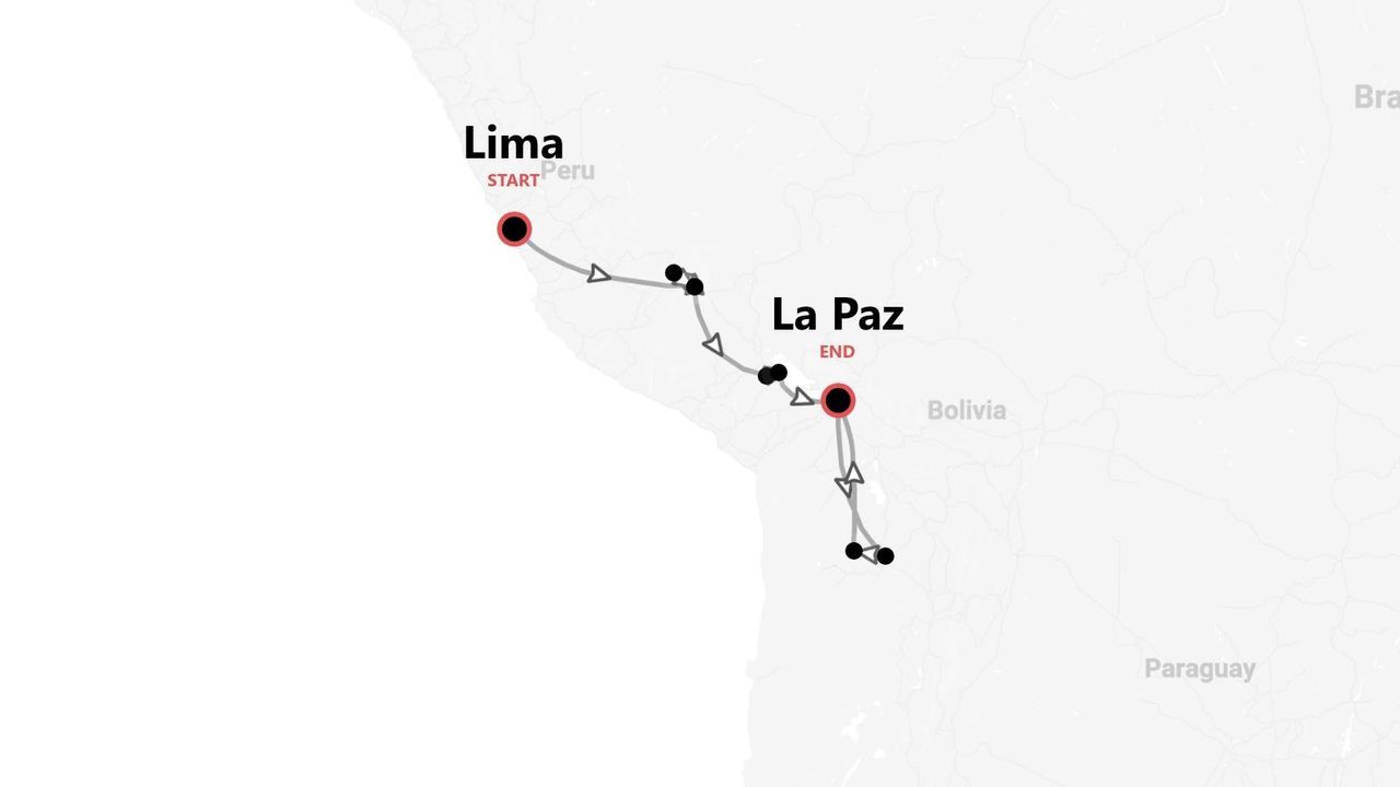 A map showing a travel itinerary starting in Lima, Peru, and ending in La Paz, Bolivia.