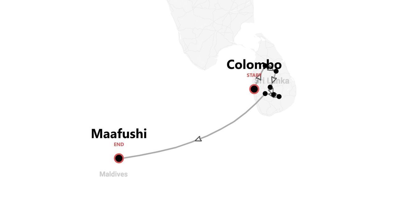 A map showing a travel itinerary that starts in Colombo, Sri Lanka, and ends in Maafushi, Maldives.