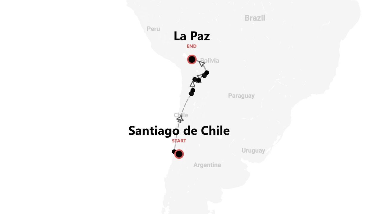 A map showing a travel itinerary from Santiago de Chile to La Paz, Bolivia, with the route marked by a dotted line.