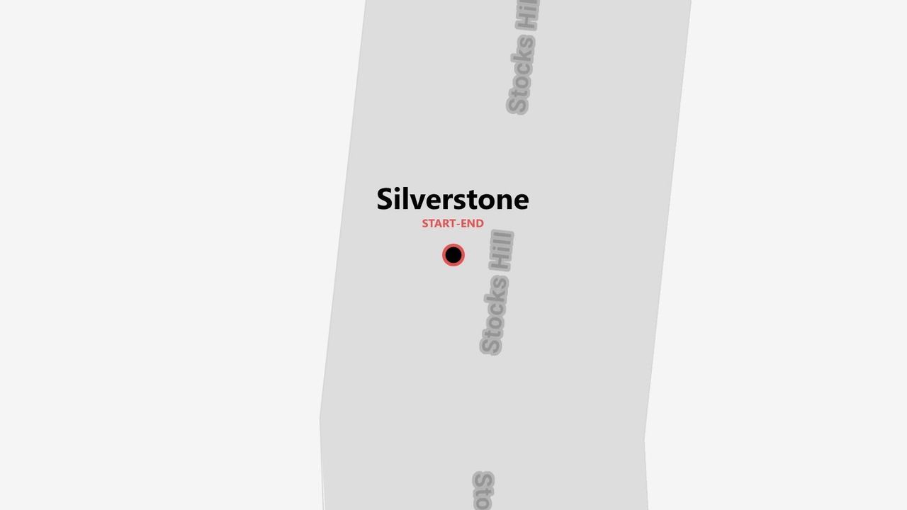 A map of Silverstone showing a start and end point on a road named Stocks Hill.