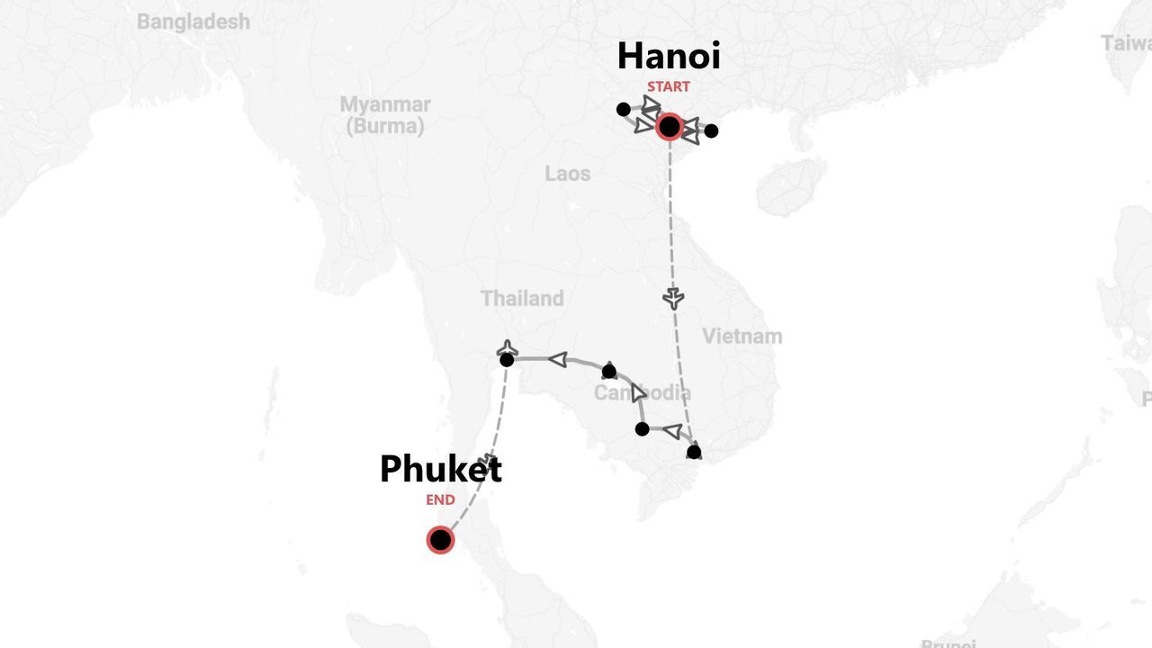 A travel itinerary map showing a route starting in Hanoi, Vietnam, passing through Cambodia, and ending in Phuket, Thailand.