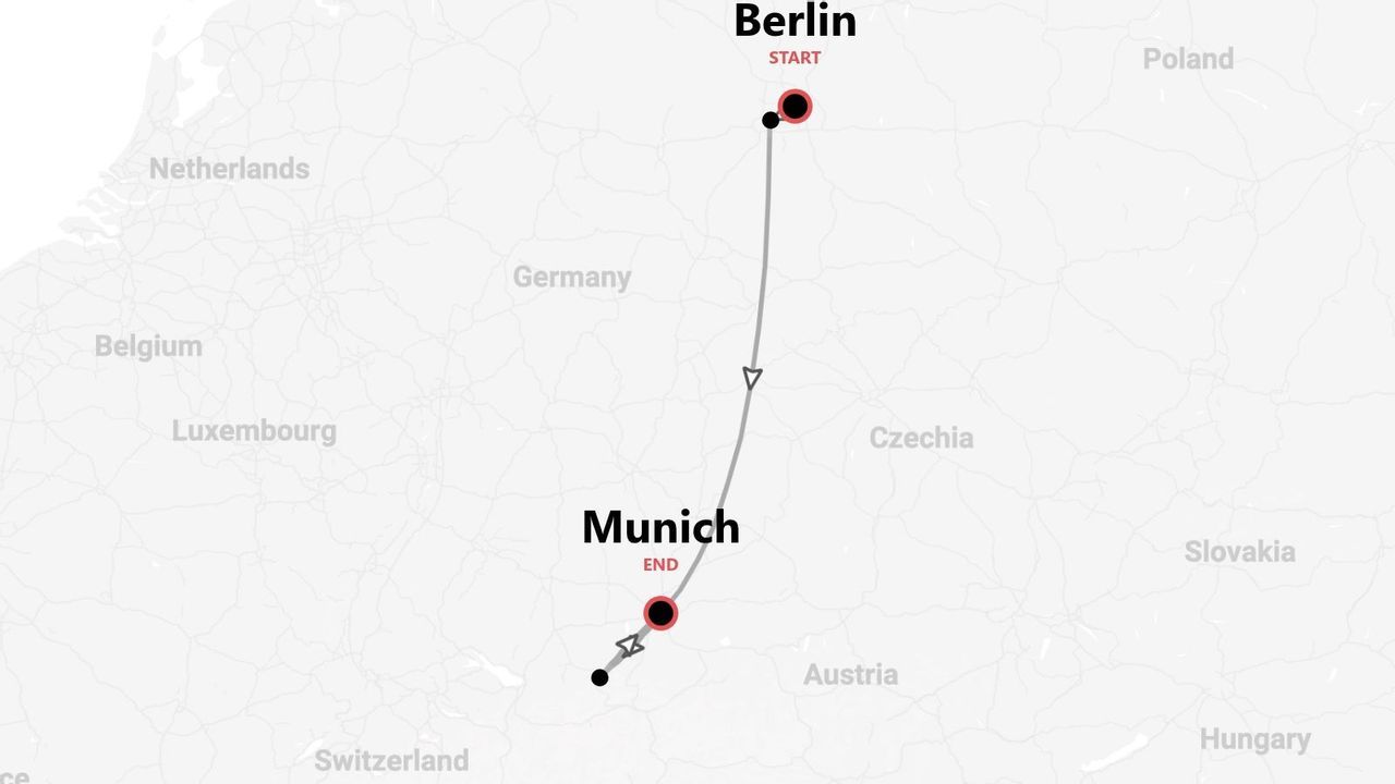 A map illustrating a travel route through Germany, starting in Berlin and ending in Munich.