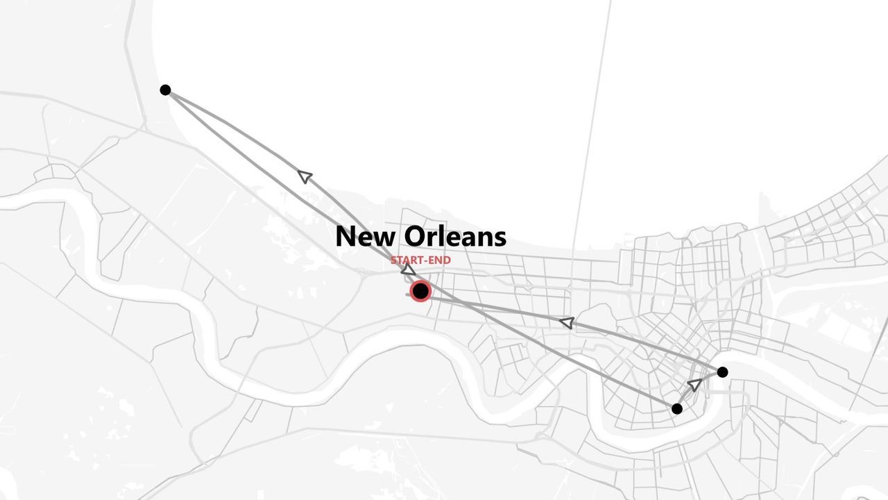 A travel itinerary map for New Orleans, showing a multi-stop route with a central start and end point.
