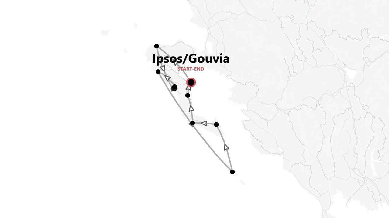 A stylized map showing a travel route that starts and ends in Ipsos/Gouvia, indicated by a red dot.