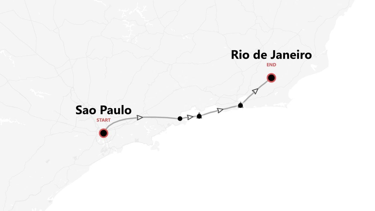 A map outlining a travel itinerary from the start point in Sao Paulo to the end point in Rio de Janeiro.
