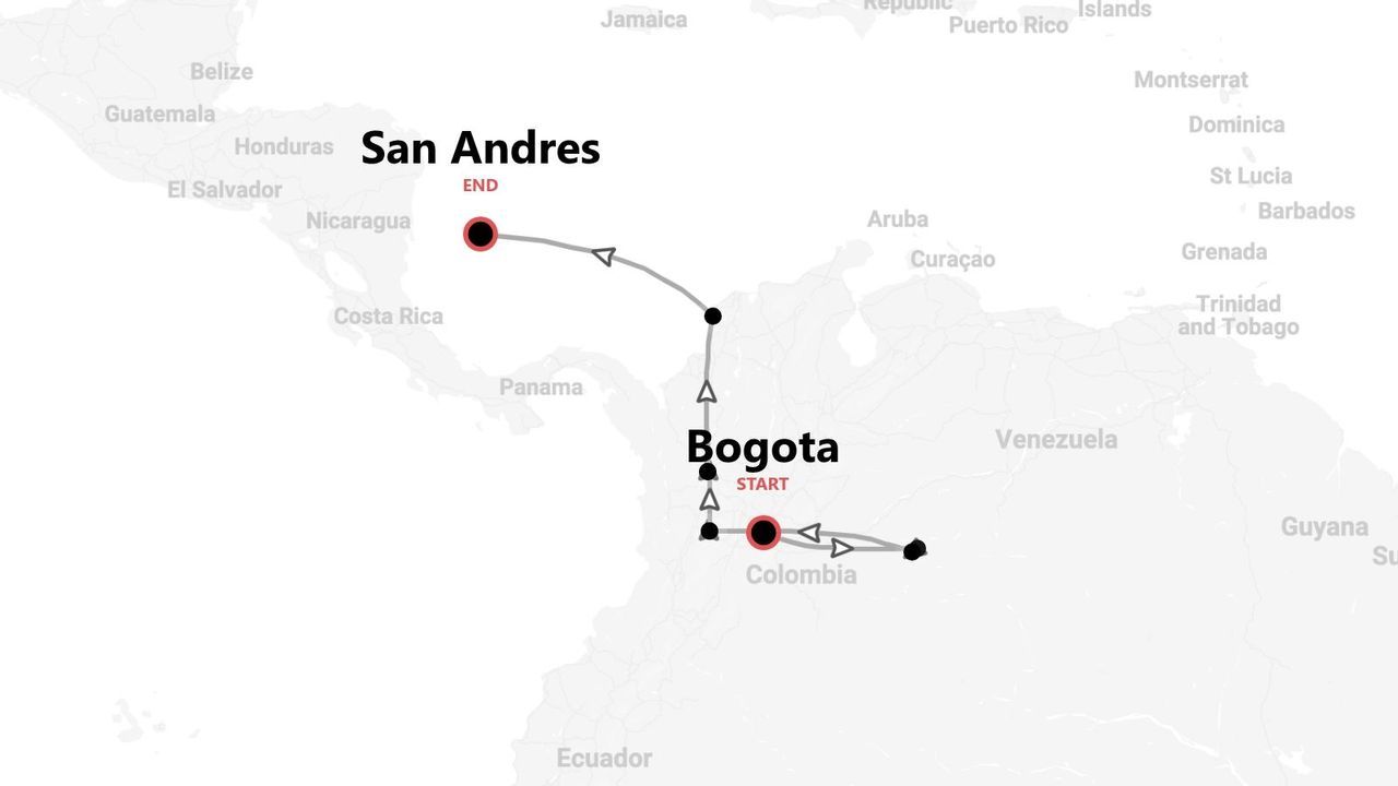A map illustrating a travel itinerary that starts in Bogota, Colombia, and ends in San Andres.