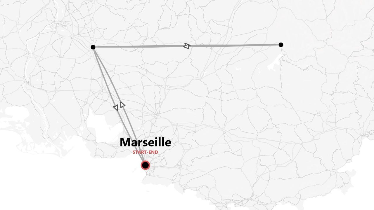 A stylized map showing a travel itinerary starting and ending in Marseille, France, with routes forming a triangle to two other destinations.