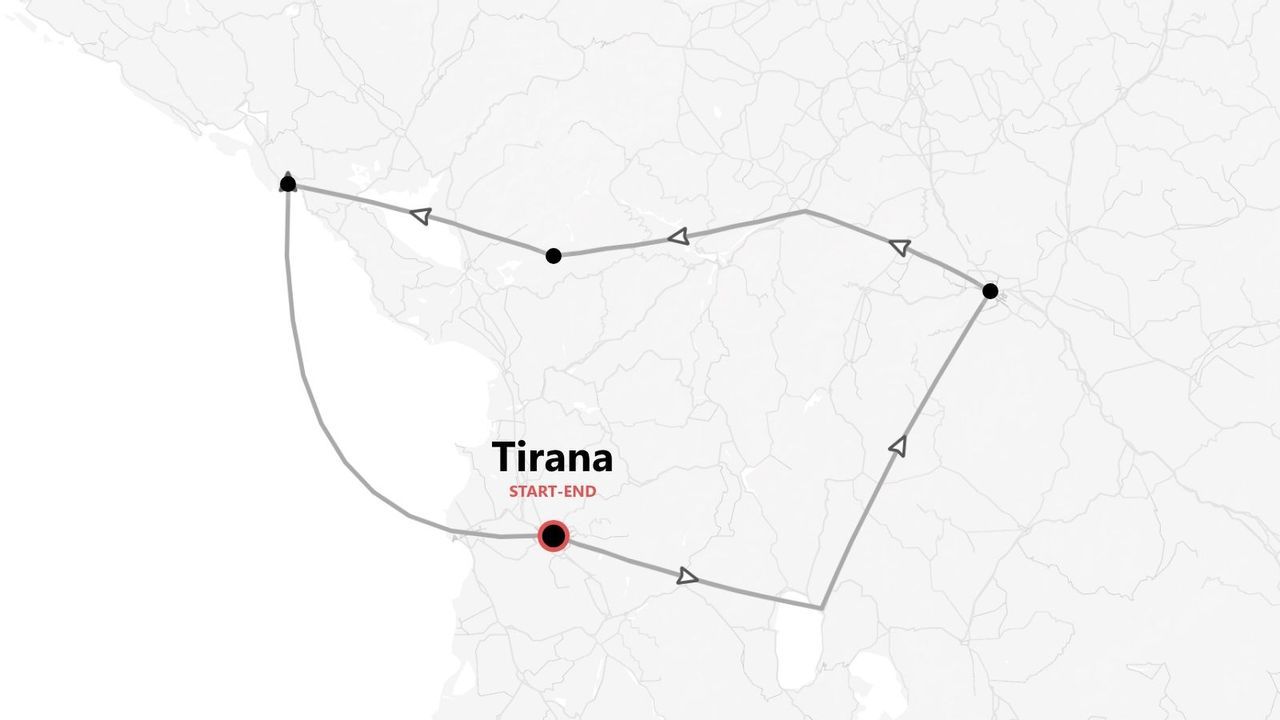 A minimalist black, white, and red map showing a circular travel itinerary starting and ending in Tirana.