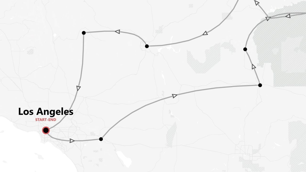 A grayscale map showing a travel itinerary in a loop, starting and ending in Los Angeles, with stops marked along the way.