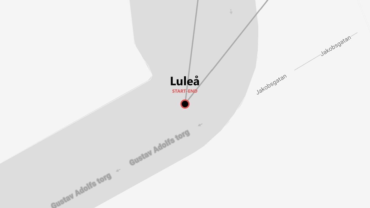 A minimalist map showing the start and end point of a route in Luleå, near Gustav Adolfs torg and Jakobsgatan.