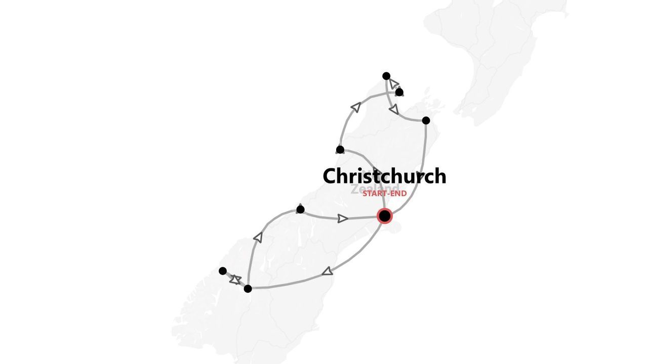 A map of a travel itinerary in New Zealand, showing a loop route that starts and ends in Christchurch.
