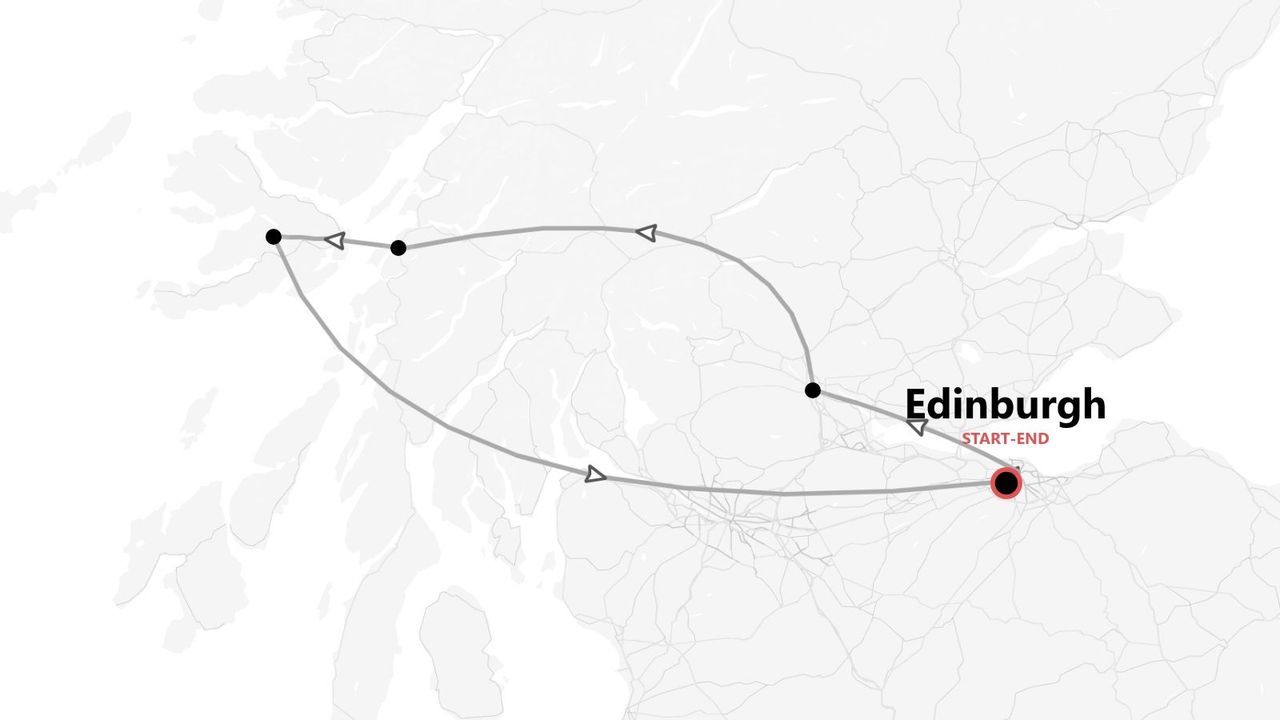 A map showing a tour route through Scotland, starting and ending in Edinburgh.