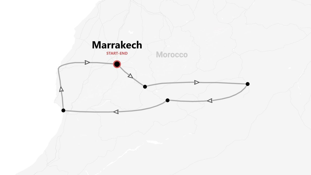 A stylized map of Morocco showing a tour itinerary that starts and ends in Marrakech.