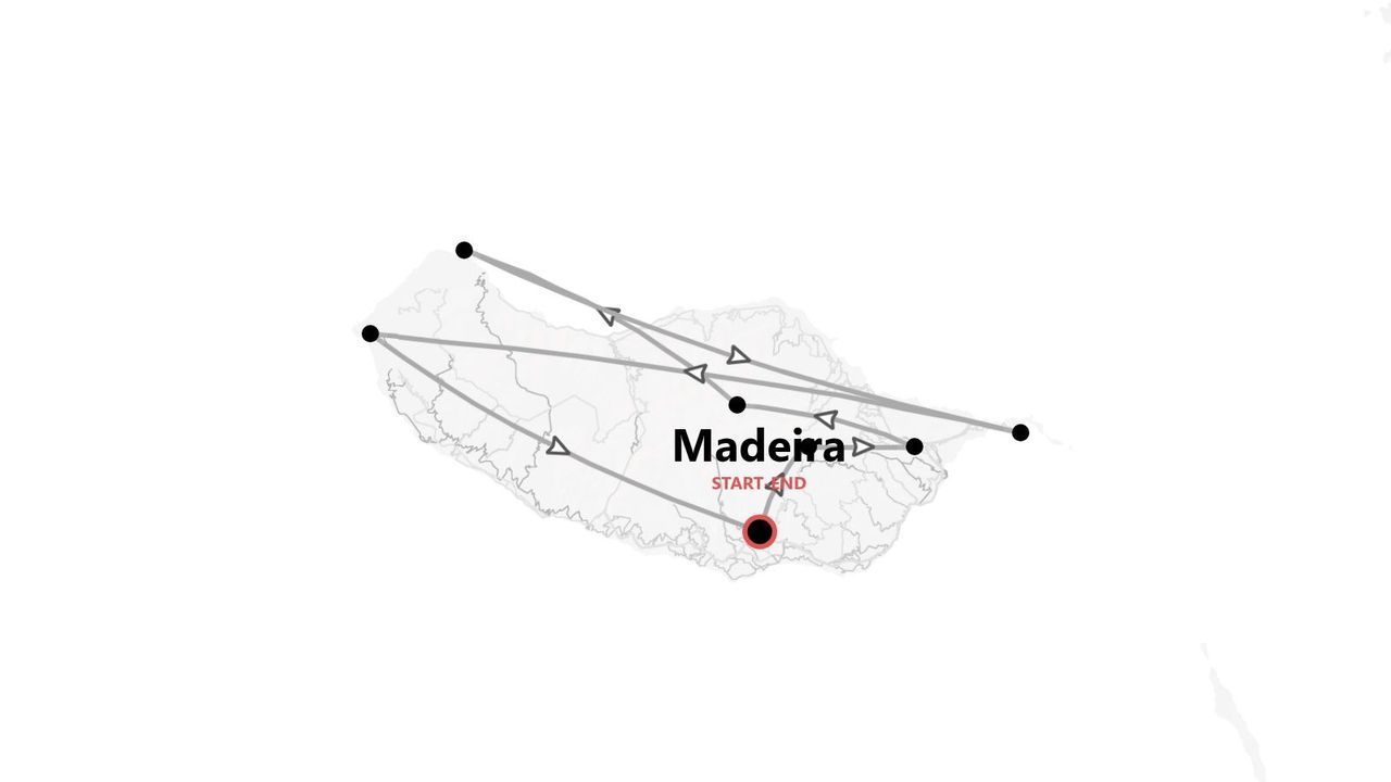 A minimalist map of Madeira showing a travel itinerary with connected points and a designated circular route start and end point.