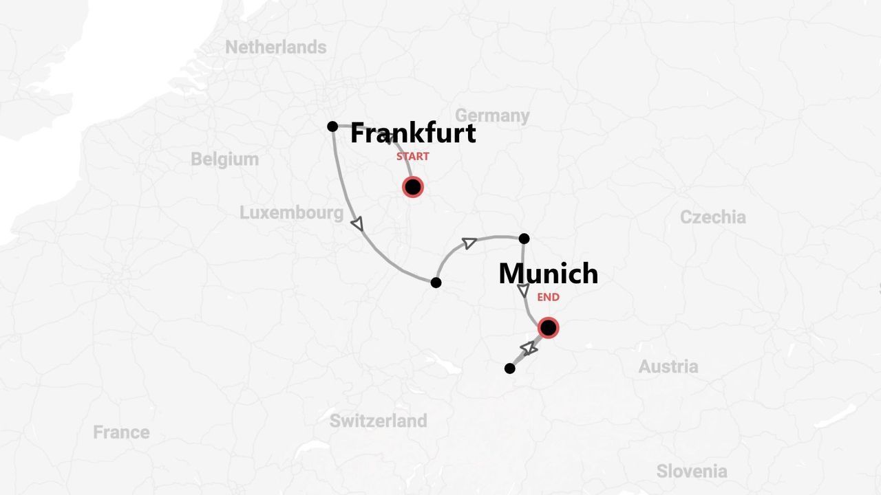 A map of Germany showing a travel route starting in Frankfurt and ending in Munich.