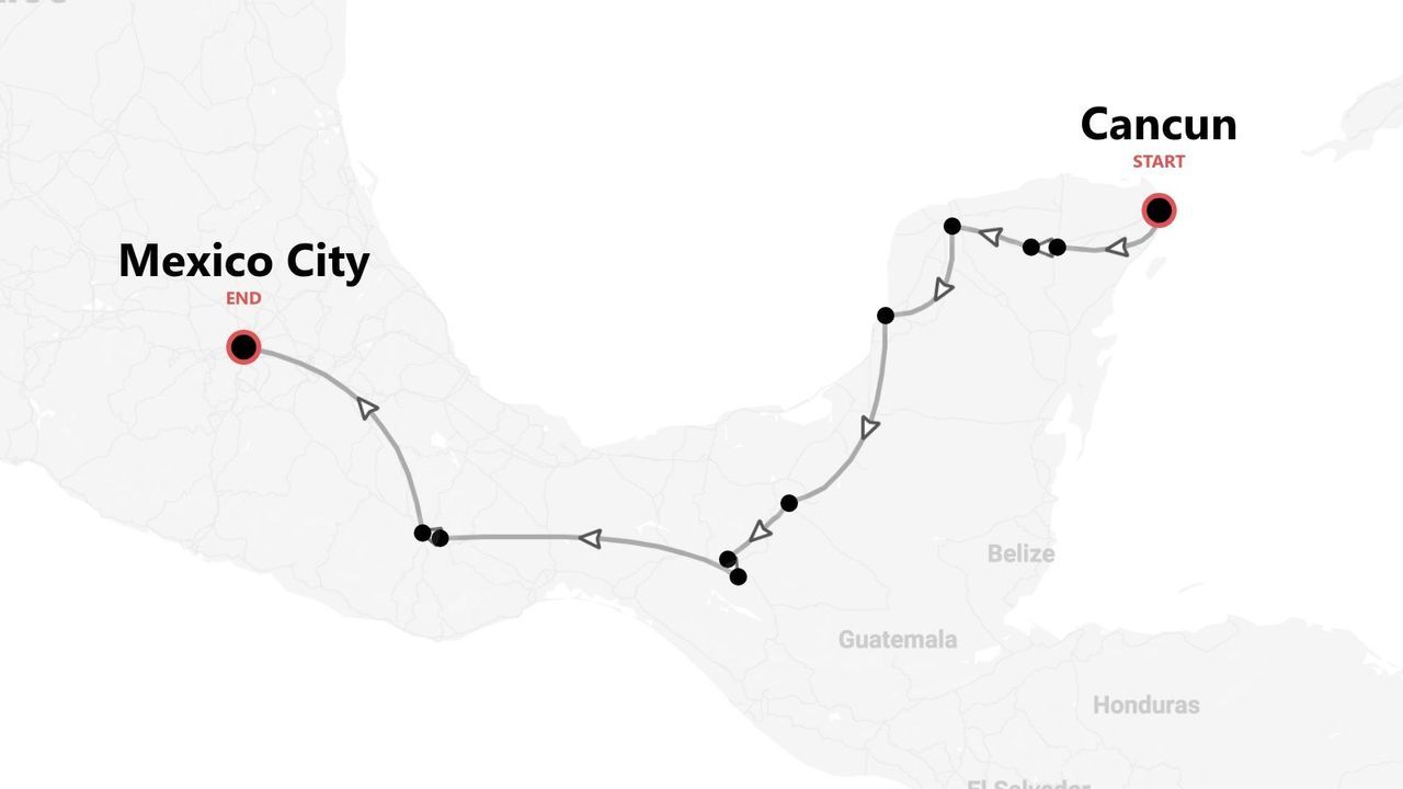 A map showing a travel itinerary starting in Cancun and ending in Mexico City.