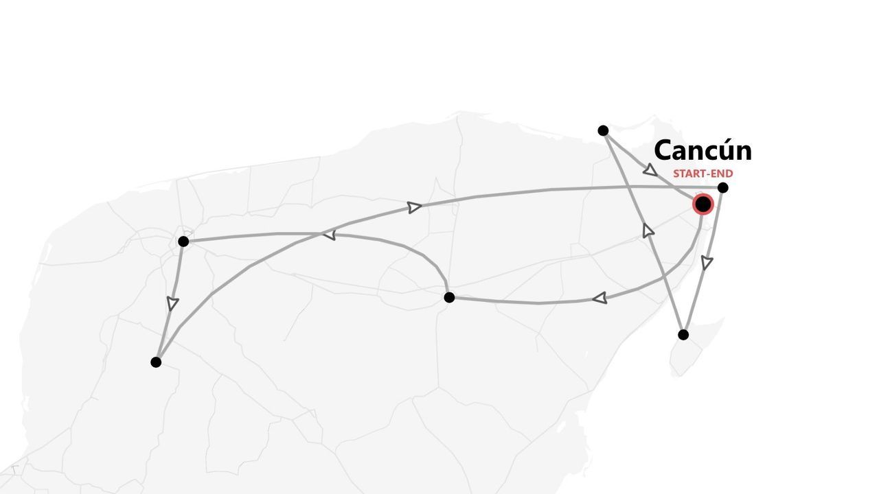 A minimalist map of a travel itinerary starting and ending in Cancún, showing a looped route with multiple stops.