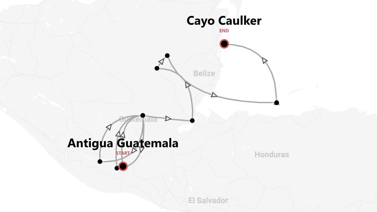 A map illustrating a travel itinerary starting in Antigua Guatemala and ending in Cayo Caulker, passing through Guatemala and Belize.