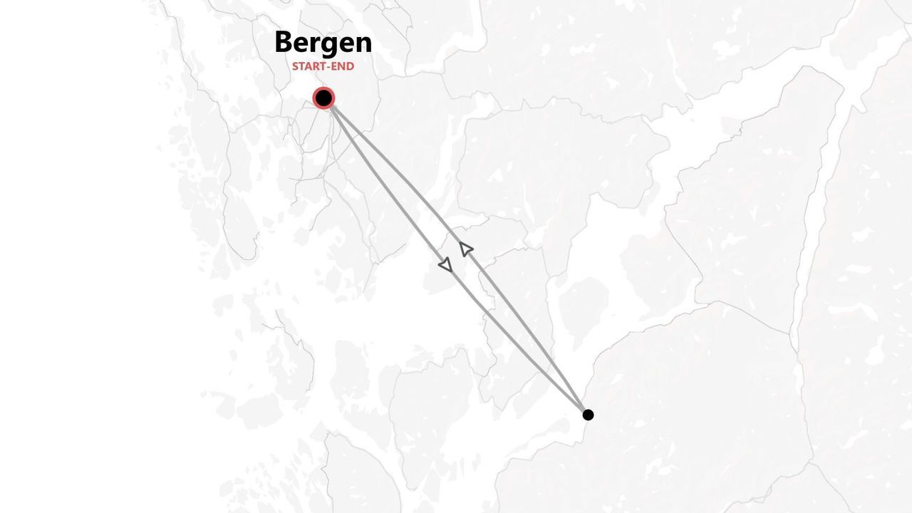 A map showing a travel itinerary with a start and end point in Bergen, illustrating a round trip route.