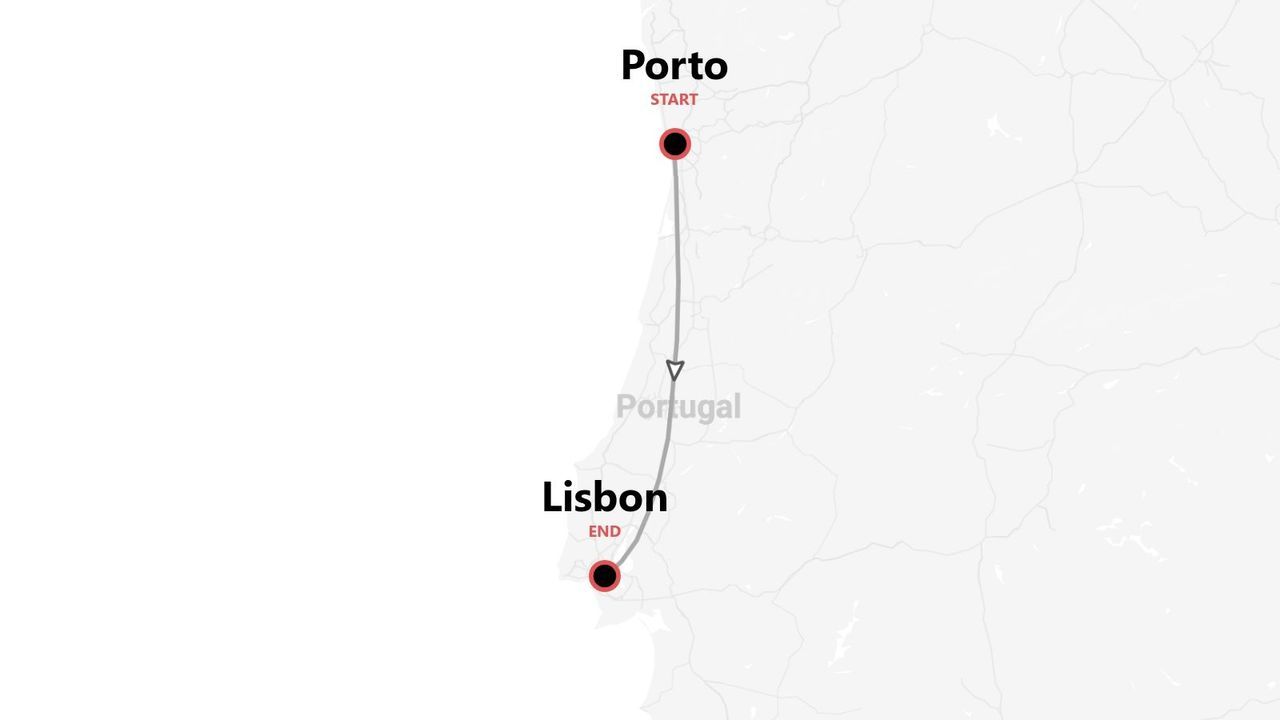 A map of Portugal showing a travel route starting in Porto and ending in Lisbon.