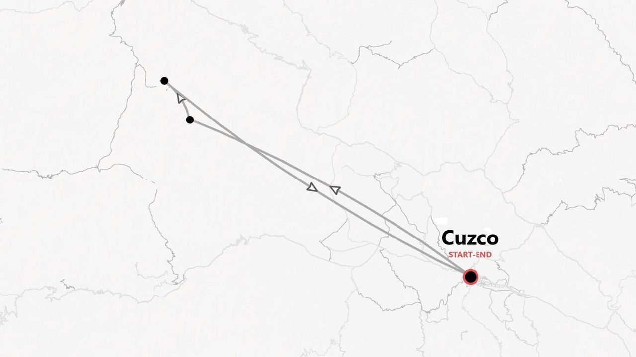 A stylized map showing a travel route that starts and ends in Cuzco, with two other stops along the way.