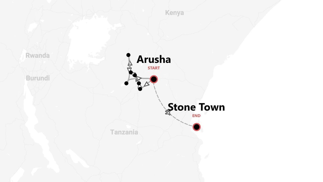 A map of Tanzania showing a travel route starting in Arusha and ending in Stone Town.