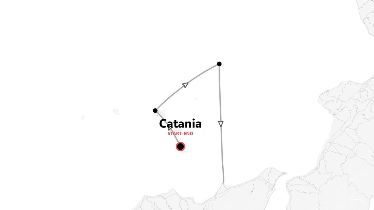 A minimalist map showing a travel itinerary route that starts and ends in Catania, Sicily.