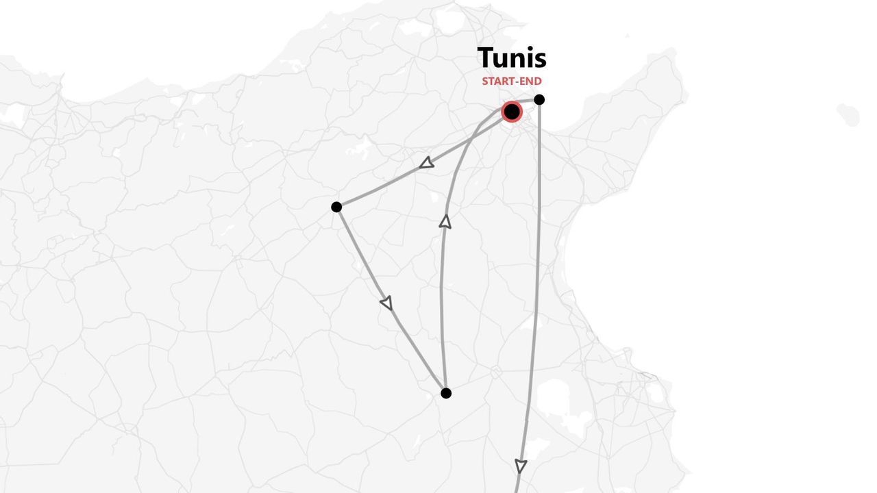 A map illustrating a travel itinerary in Tunisia, with a route line showing a loop that starts and ends in the city of Tunis.