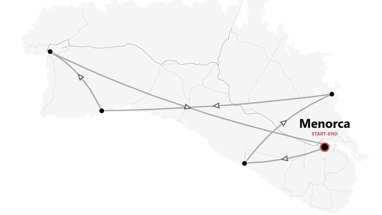 A grayscale map illustrating the travel itinerary for a trip around the island of Menorca, with the route and stops marked.