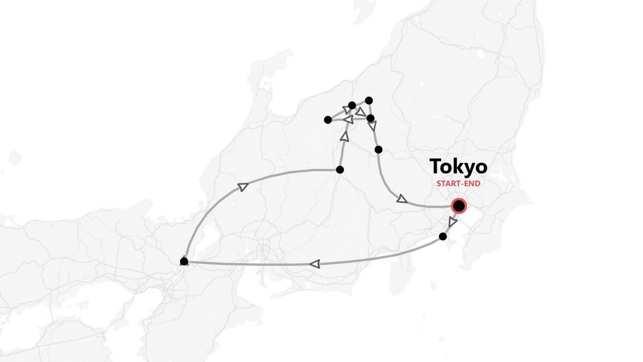 A map of Japan showing a travel itinerary that starts and ends in the city of Tokyo.
