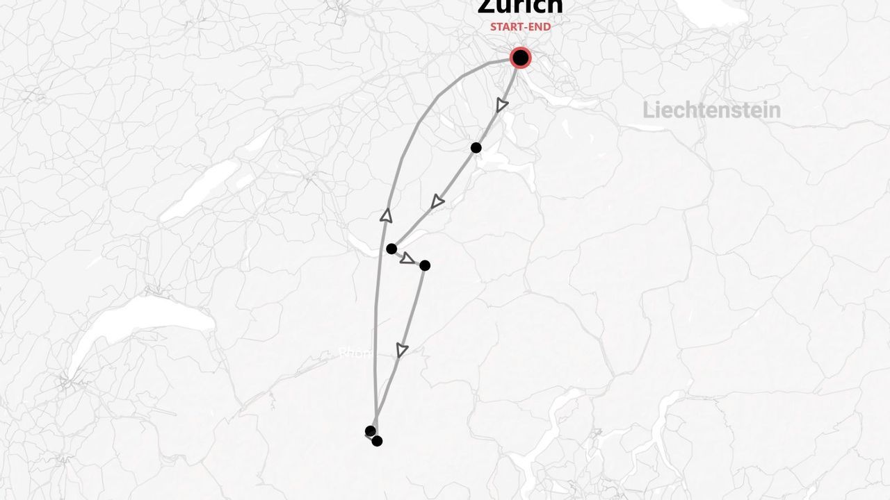 A stylized map showing a travel itinerary in Switzerland that starts and ends in Zurich, with Liechtenstein visible to the east.