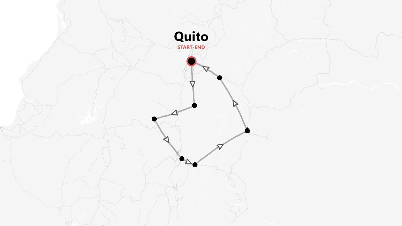 A map showing a loop travel itinerary that starts and ends in Quito, with several stops marked along the route.