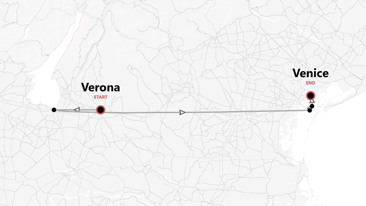 A map showing a travel route from the start point in Verona to the end point in Venice, Italy.