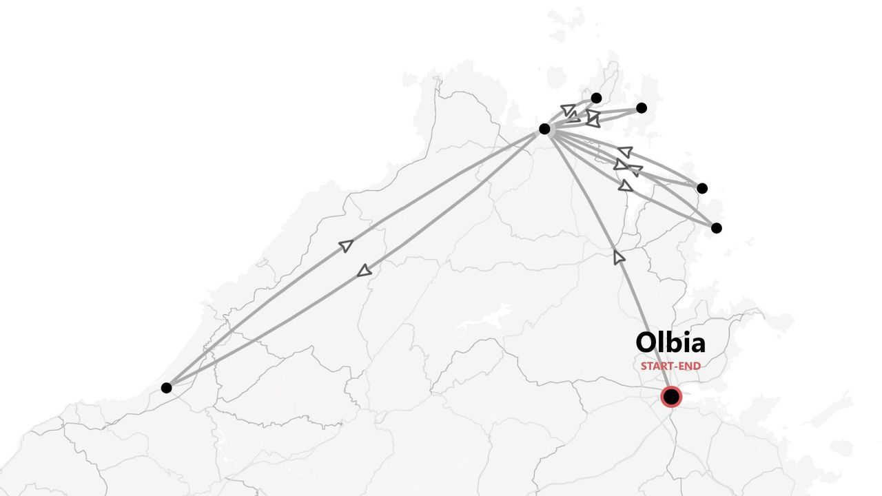 A minimalist map outlining a travel route with various waypoints, starting and ending in the city of Olbia.