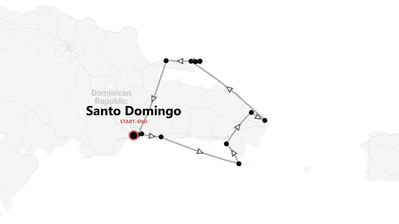 A map showing the travel itinerary for a trip in the Dominican Republic, starting and ending in Santo Domingo.