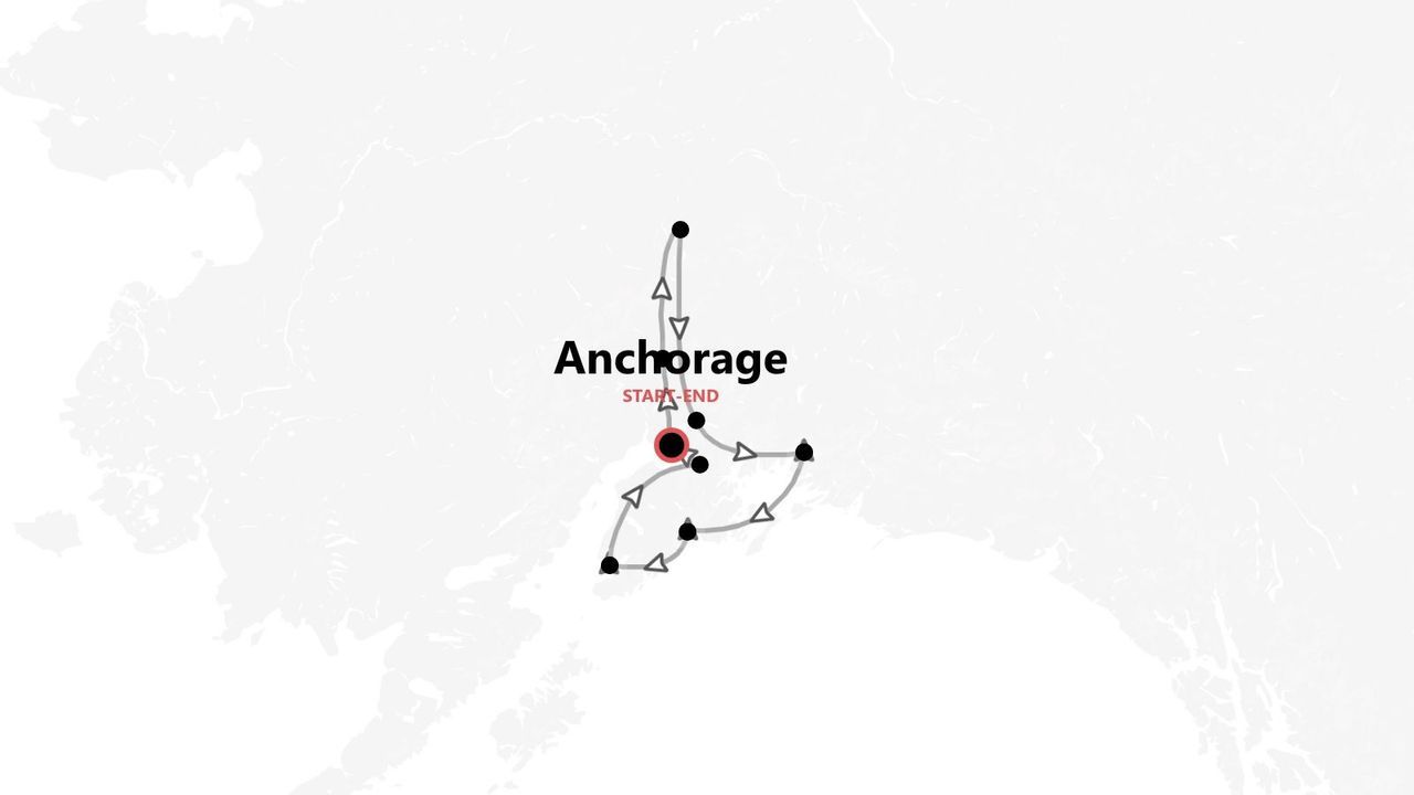 A map showing a travel itinerary in Alaska, with a looped route starting and ending in Anchorage.