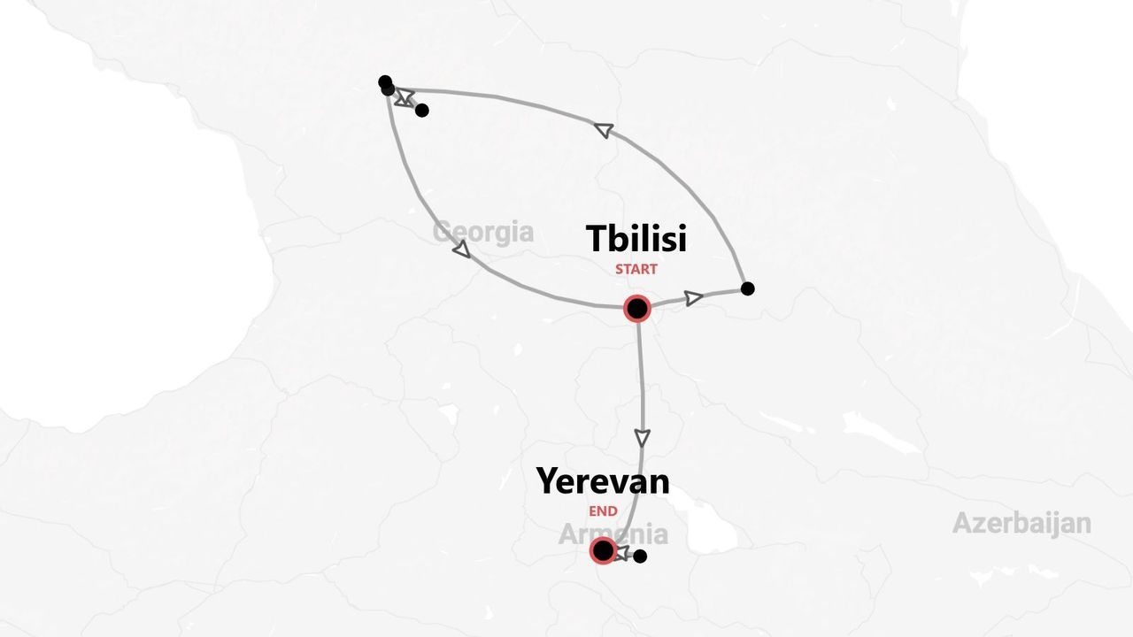 An itinerary map showing a travel route starting in Tbilisi, Georgia, looping through the country, and ending in Yerevan, Armenia.